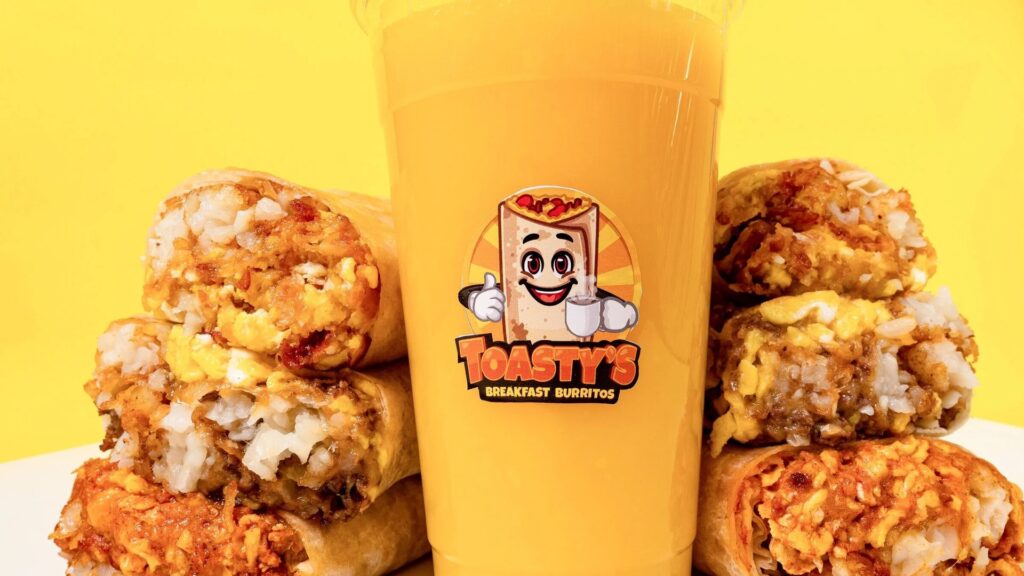 Toasty's breakfast burritos and orange juice