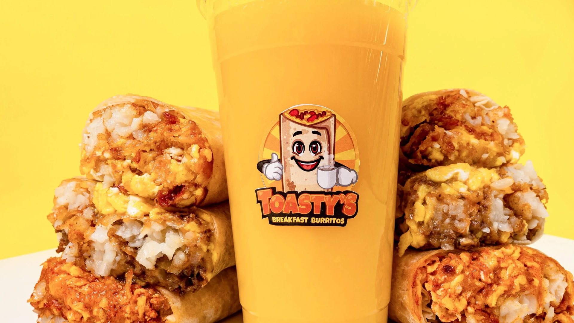 Toasty's breakfast burritos and orange juice